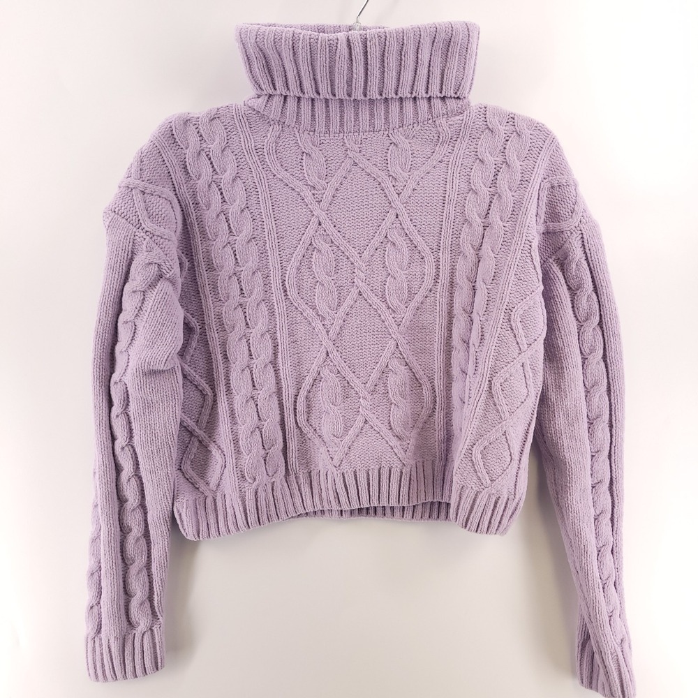 Hippie Rose Lavender Haze‎ Cable Knit Crop Turtleneck Fuzzy Sweater Womens Small